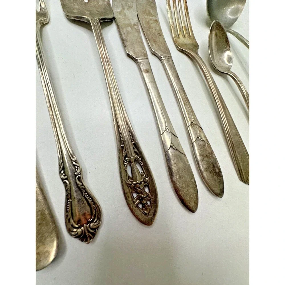Silver Plated Flatware Lot Ladle Meat Fork Cocktail Butter Knife Spoon 11 pc VTG